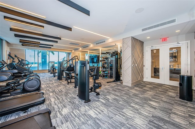 301 1st St S Unit 3004, Saint Petersburg, FL 33701 - exercise room with french doors, visible vents, and carpet floors