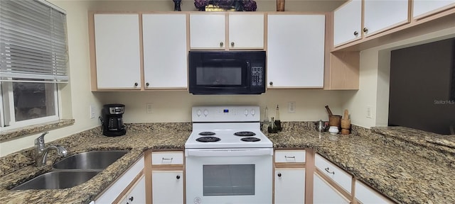 2213 Fluorshire Dr, Brandon, FL 33511 - kitchen featuring black microwave, white range with electric stovetop, a sink, and white cabinetry