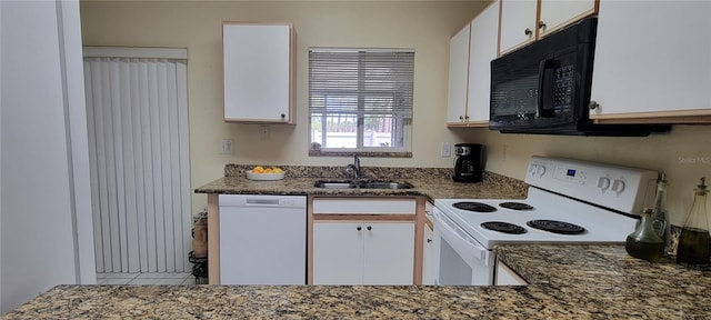 2213 Fluorshire Dr, Brandon, FL 33511 - kitchen featuring white appliances, a sink, white cabinets, and stone countertops