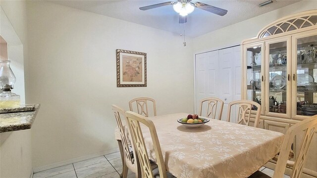 2213 Fluorshire Dr, Brandon, FL 33511 - dining space with a ceiling fan, light tile patterned flooring, and baseboards