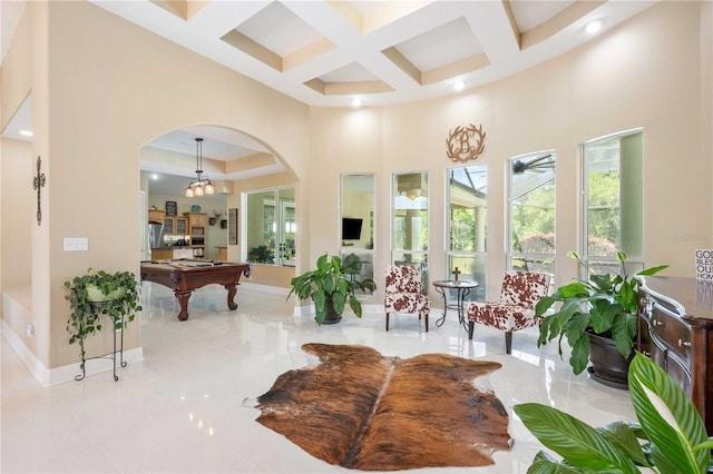 interior space featuring pool table, a high ceiling, coffered ceiling, baseboards, and recessed lighting
