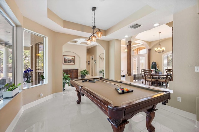 recreation room featuring arched walkways, baseboards, visible vents, ornate columns, and pool table
