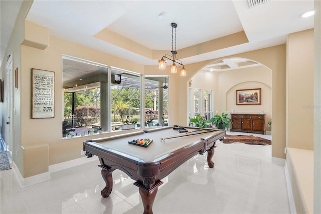 rec room featuring tile patterned floors, billiards, visible vents, arched walkways, and baseboards