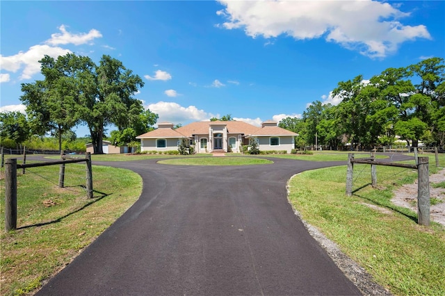 view of front of home featuring a front yard and curved driveway
