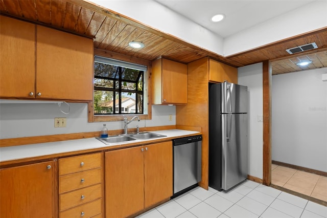 407 Indiana Ave, Crystal Beach, FL 34681 - kitchen featuring a sink, light countertops, visible vents, appliances with stainless steel finishes, and wooden ceiling