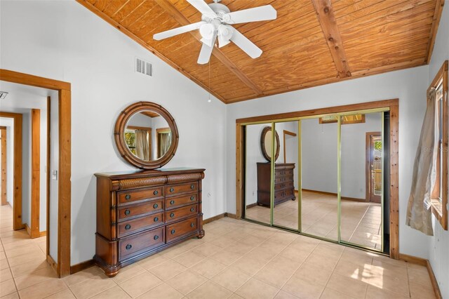 407 Indiana Ave, Crystal Beach, FL 34681 - bedroom with visible vents, baseboards, vaulted ceiling with beams, and wood ceiling