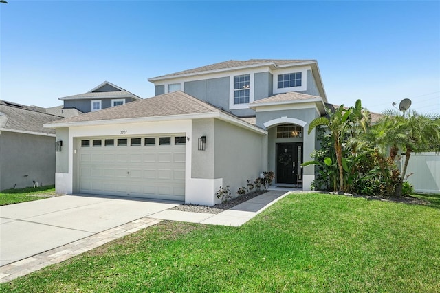 7207 Forest Mere Dr, Riverview, FL 33578 - traditional-style home featuring an attached garage, stucco siding, a front yard, driveway, and a shingled roof