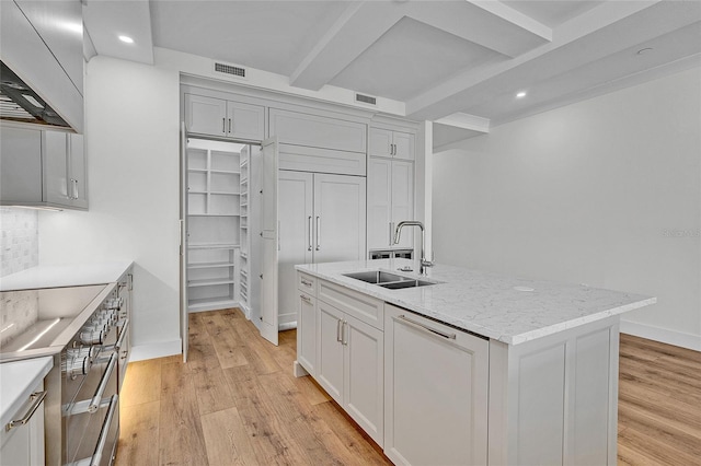 kitchen with premium range hood, light wood-type flooring, visible vents, and a sink