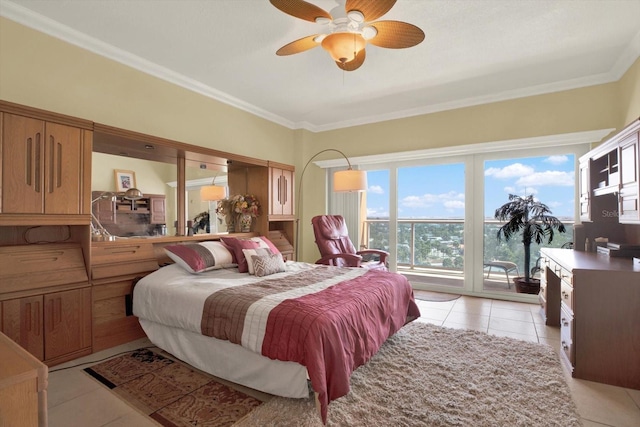 bedroom with access to exterior, crown molding, a ceiling fan, and light tile patterned flooring
