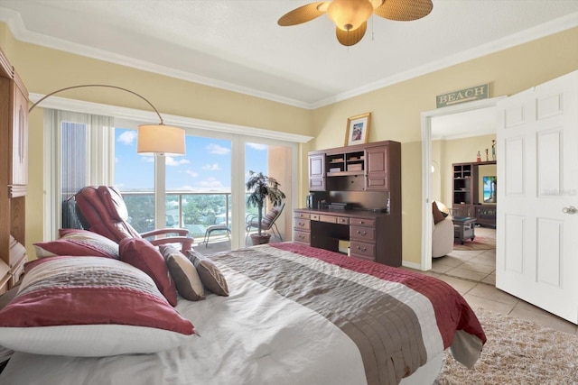 bedroom featuring ornamental molding, light tile patterned floors, and ceiling fan