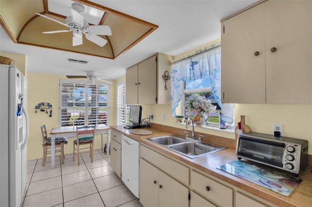 4819 Boonesboro Ct, New Port Richey, FL 34655 - kitchen featuring ceiling fan, white appliances, visible vents, light countertops, and a sink