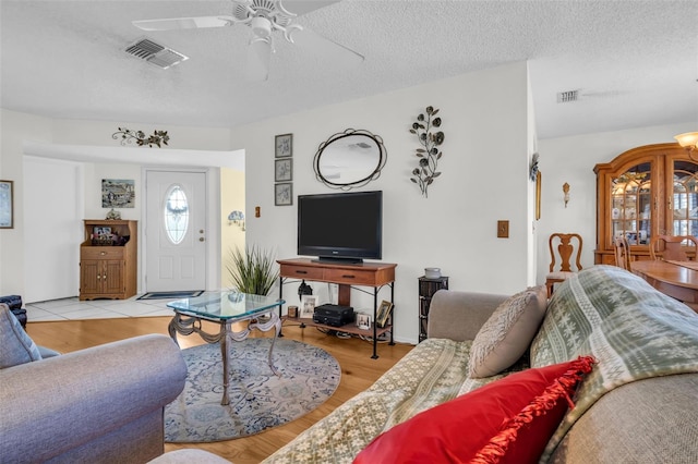 4819 Boonesboro Ct, New Port Richey, FL 34655 - living area with a textured ceiling, a ceiling fan, and visible vents