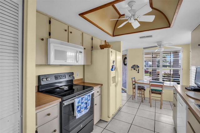 4819 Boonesboro Ct, New Port Richey, FL 34655 - kitchen featuring visible vents, a raised ceiling, a ceiling fan, white appliances, and cream cabinetry