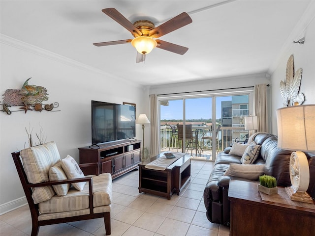 19925 Gulf Blvd Unit 402, Indian Shores, FL 33785 - living room featuring crown molding, light tile patterned floors, ceiling fan, and baseboards