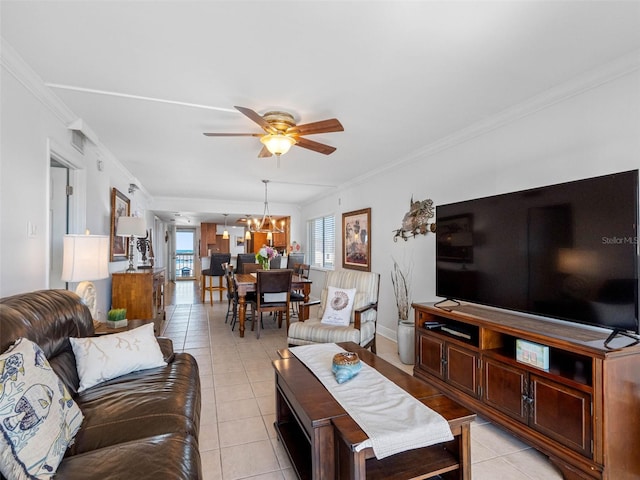 19925 Gulf Blvd Unit 402, Indian Shores, FL 33785 - living area with ornamental molding, light tile patterned floors, and ceiling fan with notable chandelier