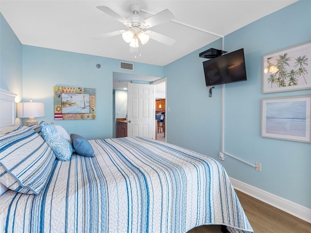 19925 Gulf Blvd Unit 402, Indian Shores, FL 33785 - bedroom with ceiling fan, visible vents, baseboards, and wood finished floors