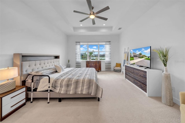 3096 Great Banyan Way, Wesley Chapel, FL 33543 - bedroom featuring carpet floors, recessed lighting, a raised ceiling, and a ceiling fan