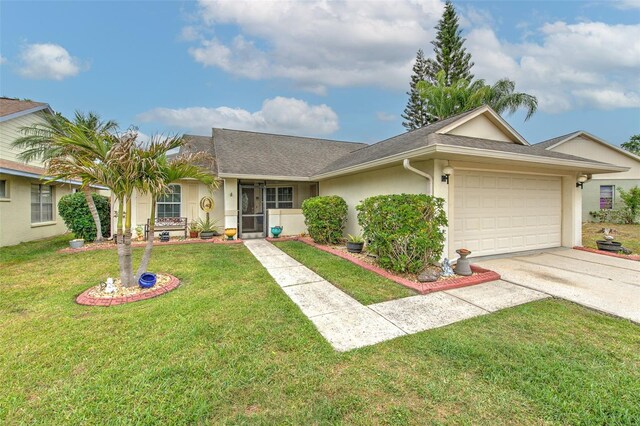 ranch-style home with stucco siding, roof with shingles, a front lawn, a garage, and concrete driveway