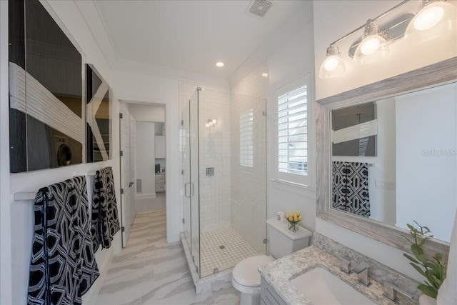 2501 S Dundee St, Tampa, FL 33629 - bathroom with a stall shower, toilet, vanity, marble finish flooring, and recessed lighting