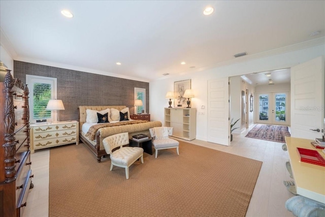 2501 S Dundee St, Tampa, FL 33629 - bedroom with french doors, ornamental molding, recessed lighting, light wood-type flooring, and wallpapered walls