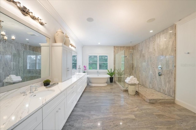 2501 S Dundee St, Tampa, FL 33629 - bathroom featuring a marble finish shower, a freestanding tub, vanity, recessed lighting, and marble finish flooring