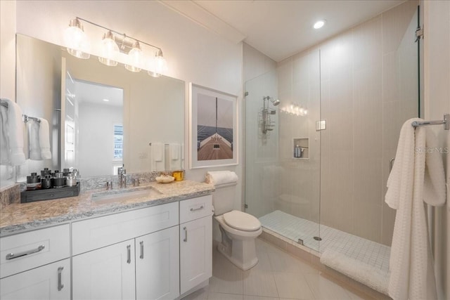 2501 S Dundee St, Tampa, FL 33629 - bathroom featuring a stall shower, tile patterned floors, toilet, vanity, and recessed lighting