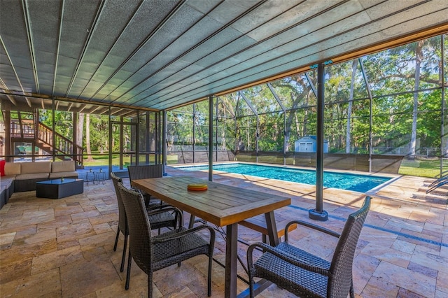 sunroom with a swimming pool, an outdoor living space, and outdoor dining area