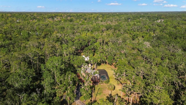 drone / aerial view with a wooded view