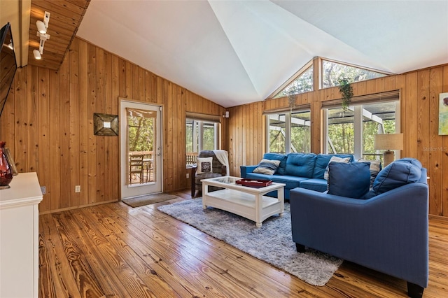 living area with wooden walls, wood finished floors, and lofted ceiling