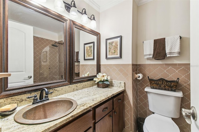 11383 Pickford St, Spring Hill, FL 34609 - full bathroom featuring crown molding, vanity, toilet, tile walls, and tiled shower