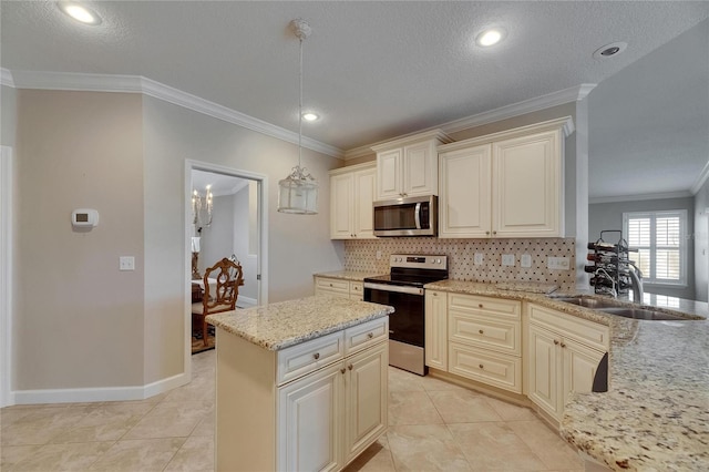 kitchen with backsplash, crown molding, light stone countertops, stainless steel appliances, and a sink
