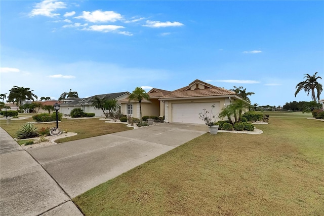 ranch-style house with a tiled roof, a garage, stucco siding, a front lawn, and driveway