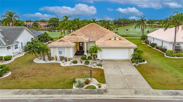ranch-style home with concrete driveway, stucco siding, a front lawn, a garage, and a tiled roof
