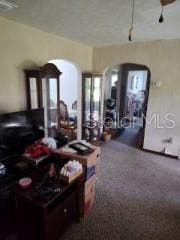 carpeted living room featuring arched walkways