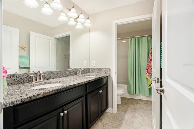 11818 Valhalla Woods Dr, Riverview, FL 33579 - bathroom with double vanity, toilet, tile patterned floors, shower / tub combo with curtain, and a chandelier
