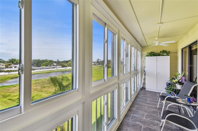 sunroom / solarium with a water view