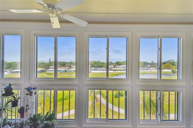 unfurnished sunroom with a water view