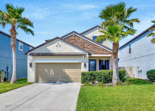 1476 Fort Cobb Ter, Wesley Chapel, FL 33543 - view of front facade with concrete driveway, an attached garage, a front yard, and stucco siding