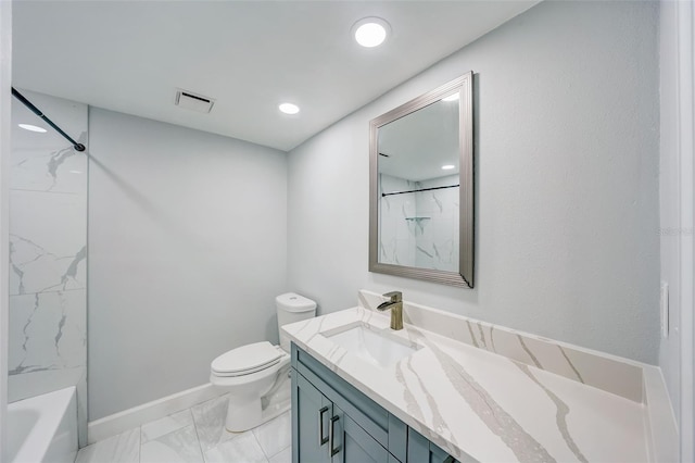 bathroom with vanity, baseboards, toilet, visible vents, and marble finish floor