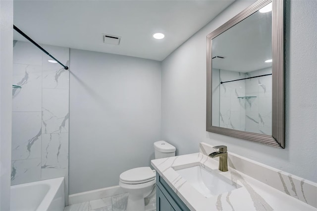 bathroom with visible vents, baseboards, toilet, vanity, and marble finish floor