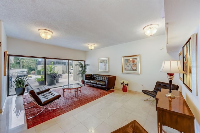 living room with a textured ceiling