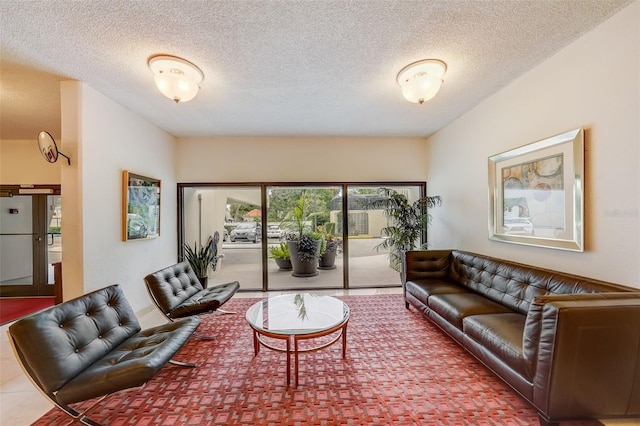living area featuring a textured ceiling