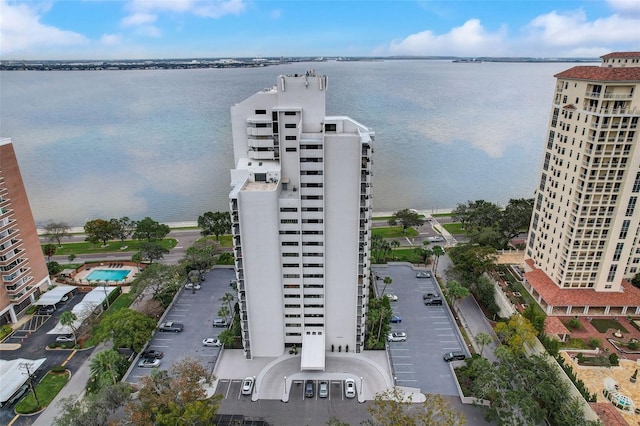 aerial view featuring a water view