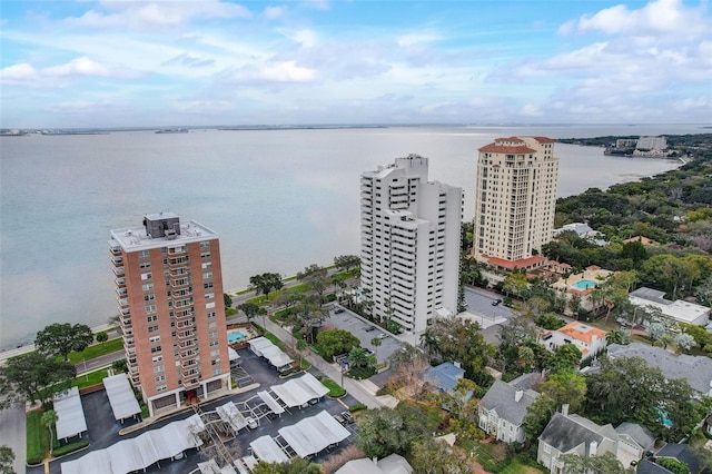 aerial view with a water view and a city view