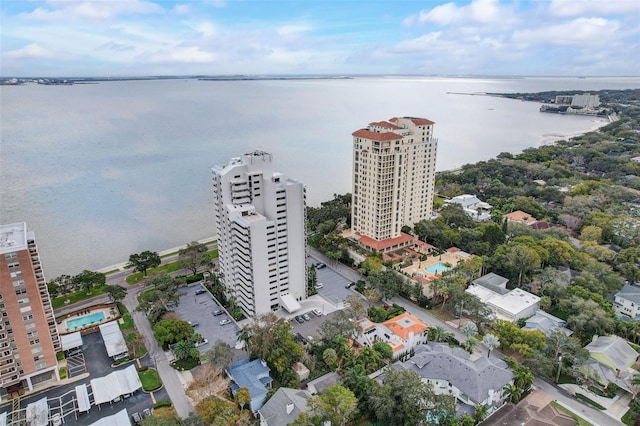 birds eye view of property featuring a water view
