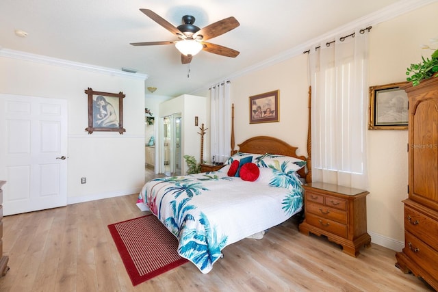bedroom featuring crown molding, light wood-style floors, baseboards, and a ceiling fan