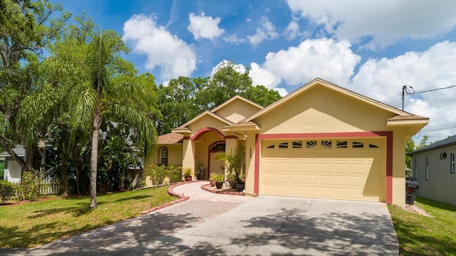 view of front facade featuring driveway, an attached garage, stucco siding, and a front yard