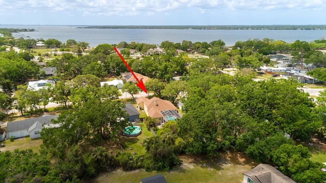 aerial perspective of suburban area with a large body of water