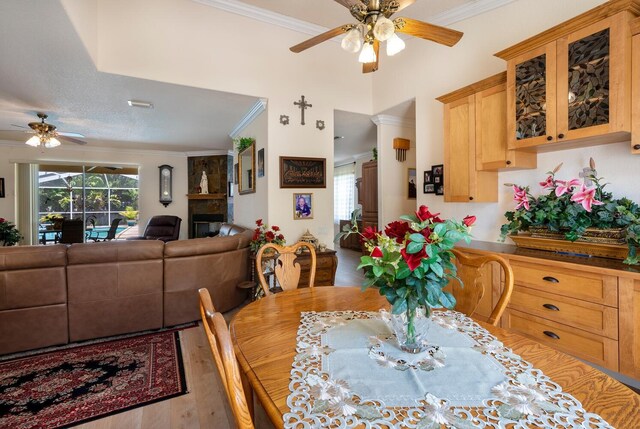 dining space with ceiling fan, crown molding, and wood finished floors