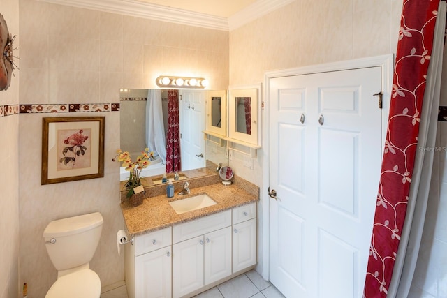 full bathroom featuring crown molding, vanity, toilet, tile walls, and tile patterned flooring